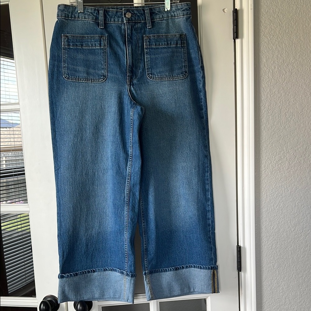 Blue Flare Wide Leg Jeans with Cuffed Hem